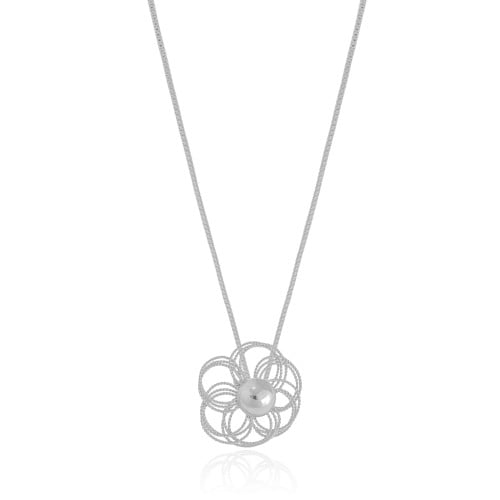 Gargantilha Veneziana Flor Fios Detalhados Ródio Branco - 40 cm
