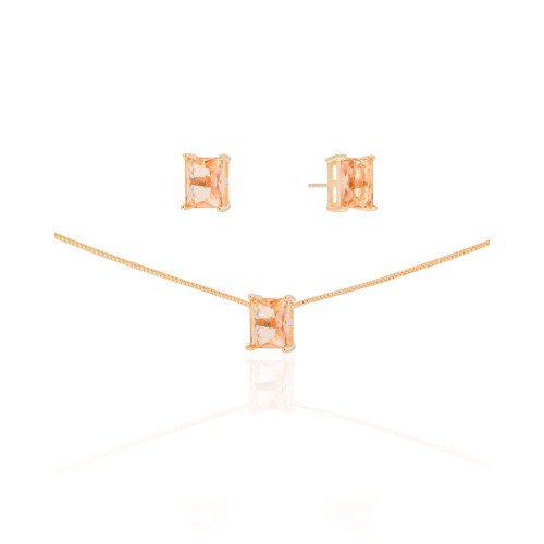 Conjunto Retangular Morganita Banhado a Ouro 18K