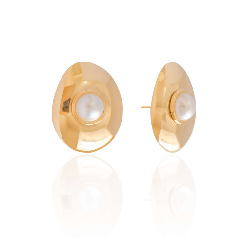 Brinco Oval Pérola 3.3 cm Banhado a Ouro 18K