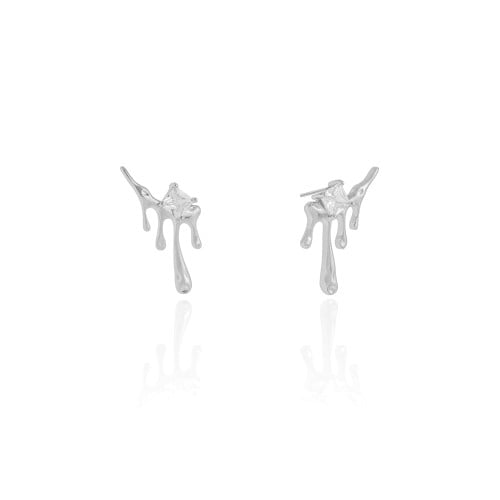 Ear Cuff Orgânico Derretido Ponto de Luz Cristal 2.5 cm Ródio Branco