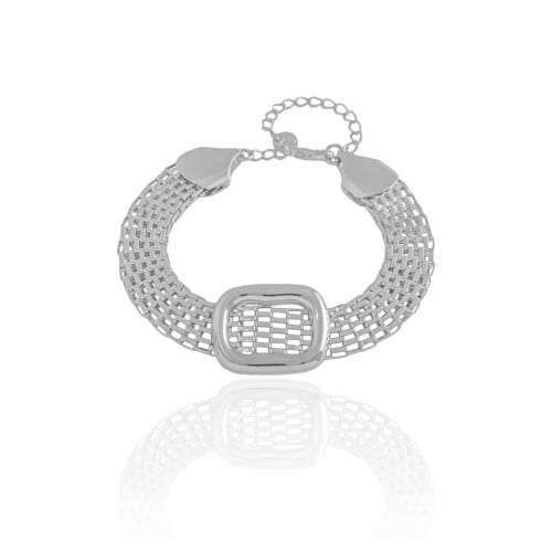 Pulseira Malha Italiana Retângulo Liso Ródio Branco