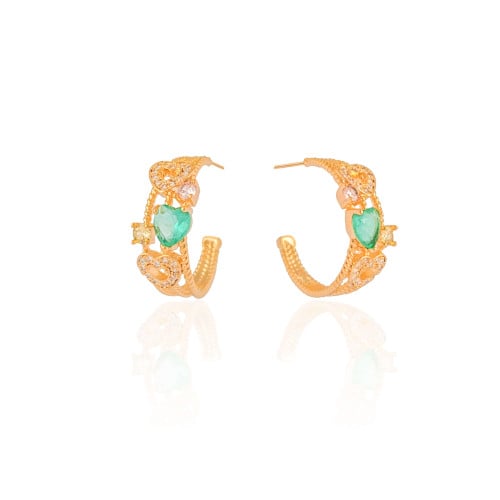 Brinco Argola Corações Colorido Cravejado Cristal 2.2 cm Banhado a Ouro 18K