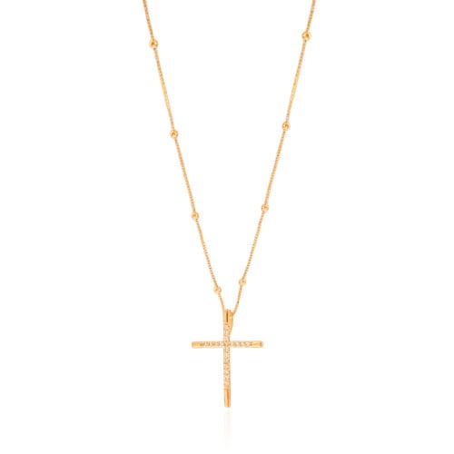 Gargantilha Veneziana Bolinhas Cruz Cravejada Cristal Banhado a Ouro 18K - 45 cm