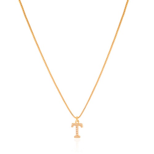 Gargantilha Veneziana Letra T Cravejada Cristal Banhado a Ouro 18K - 45 cm