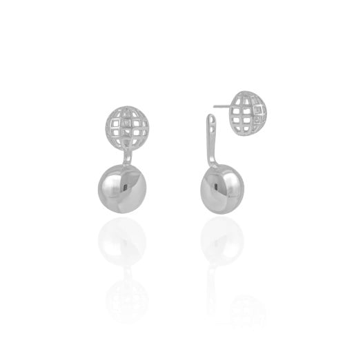 Ear Jacket Redondo Tela Meia Bola Lisa 3.2 cm Ródio Branco