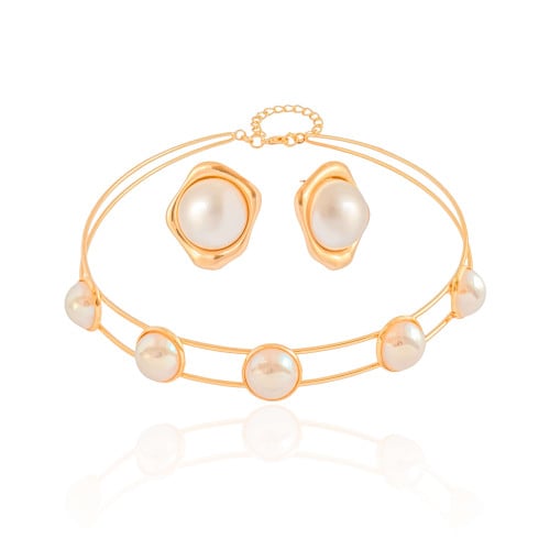 Conjunto Pérolas Aro Duplo Banho Dourado