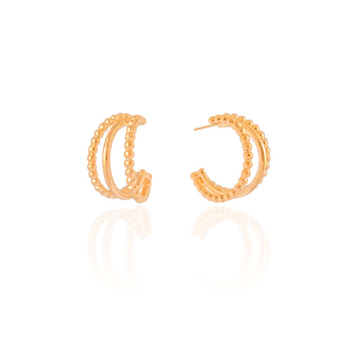 Brinco Meia Argola Três Filetes com Bolinhas Banhado a Ouro 18K
