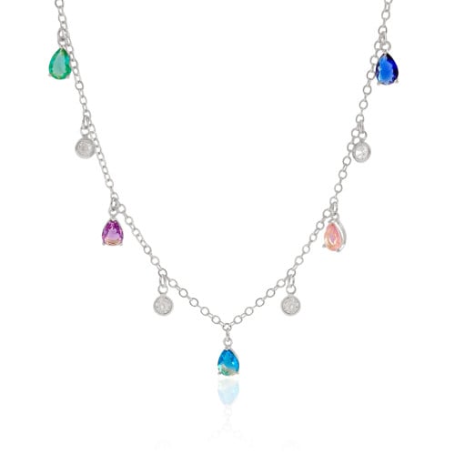 Choker Elos Gotas Coloridas e Pontos de Luz Cristal Ródio Branco
