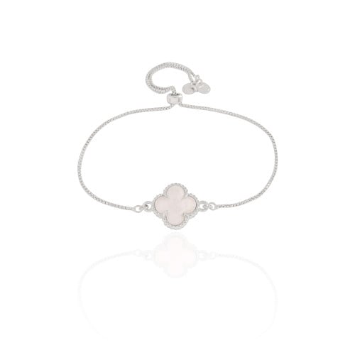 Pulseira Trevo Madrepérola Fecho Gravata Ródio Branco