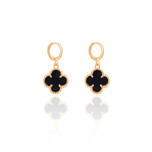 Brinco Argola Click Trevo Preto 3.2 cm Banhado a Ouro 18K
