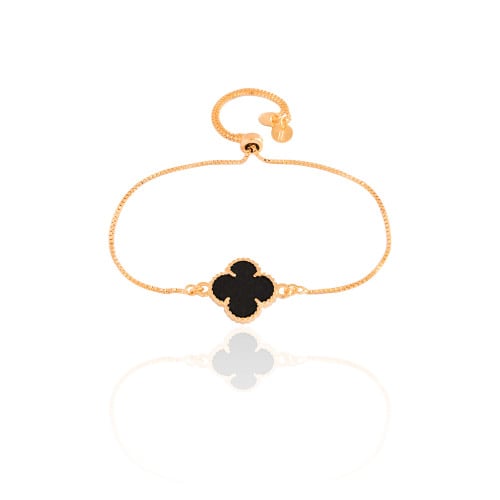 Pulseira Trevo Preto Fecho Gravata Banhado a Ouro 18K