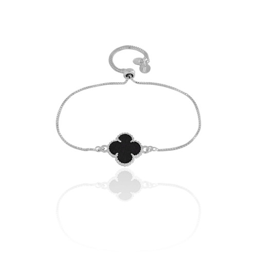 Pulseira Trevo Preto Fecho Gravata Ródio Branco