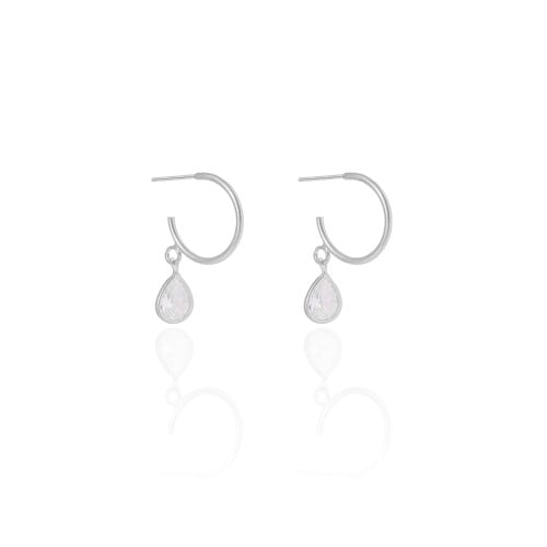 Brinco Argola Fio Gota Cristal 2.6 cm Ródio Branco