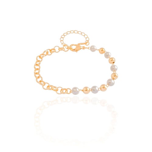 Pulseira Elos com Bolas e Pérolas Banhado a Ouro 18K