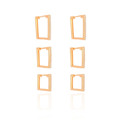 Trio de Argolas Retangulares Cravejadas Cristal Banhado a Ouro 18K