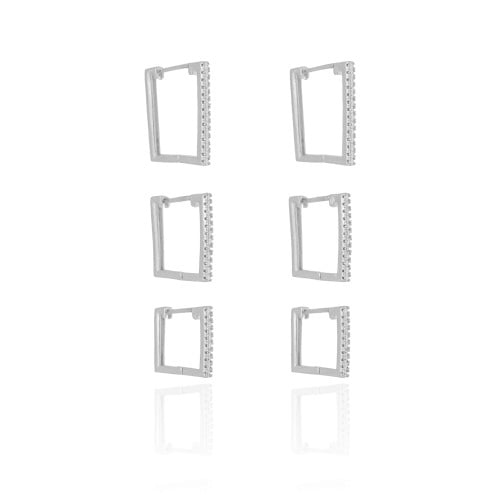 Trio de Argolas Retangulares Cravejadas Cristal Ródio Branco
