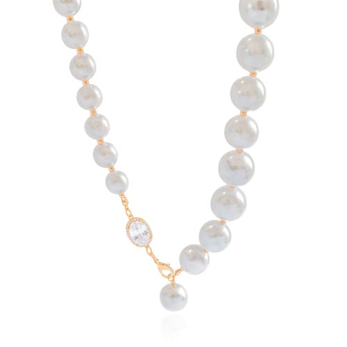 Gargantilha Gravata Ajustável Pérolas Ponto de Luz Oval Cristal Banho Dourado