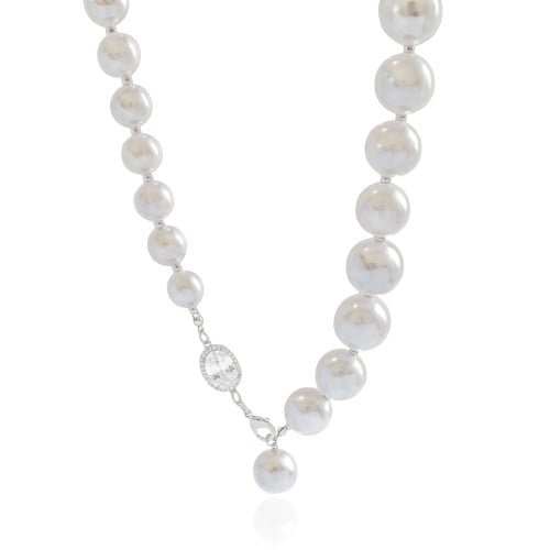 Gargantilha Gravata Ajustável Pérolas Ponto de Luz Oval Cristal Banho Branco