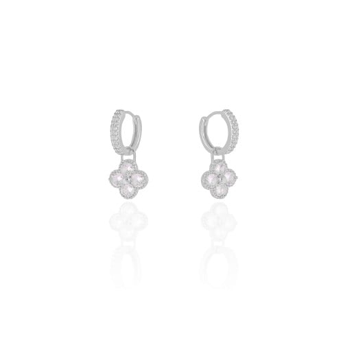 Brinco Argola Click Flor Cristal 2.4 cm Ródio Branco