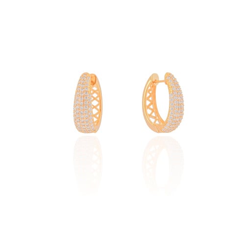 Brinco Argola Click Oval Cravejada Cristal 2.4 cm Banhado a Ouro 18K