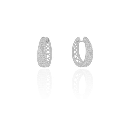 Brinco Argola Click Oval Cravejada Cristal 2.4 cm Ródio Branco