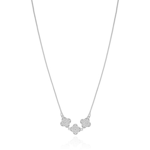 Gargantilha Veneziana Trevos Cravejados Cristal Ródio Branco - 50 cm