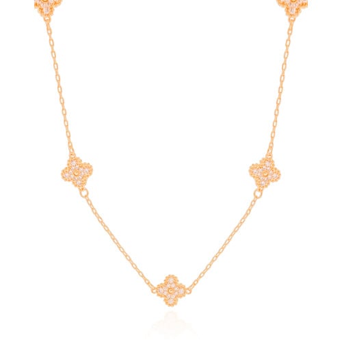 Gargantilha Elos Trevos Cravejados Cristal Banhado a Ouro 18K - 45 cm