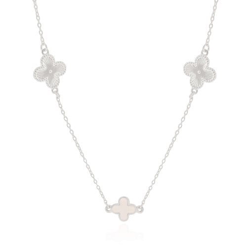 Gargantilha Elos Trevo Riscado e Madrepérola Ródio Branco - 50 cm