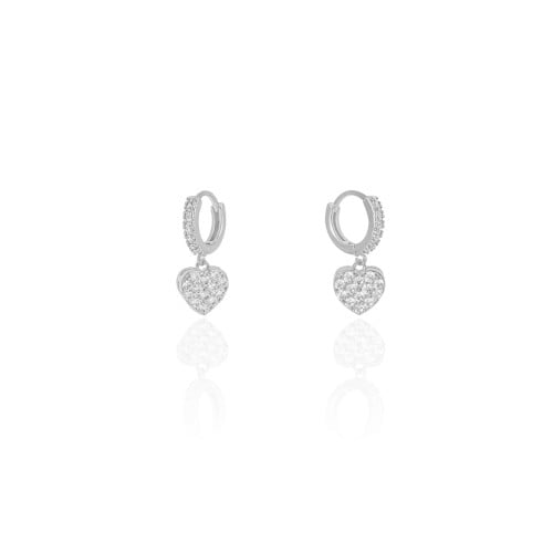 Brinco Argola Click Coração Cravejado Cristal 2.1 cm Ródio Branco