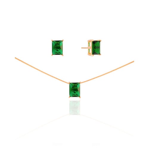 Conjunto Retangular Esmeralda Banhado a Ouro 18K