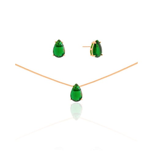 Conjunto Gota Esmeralda Banhado a Ouro 18K
