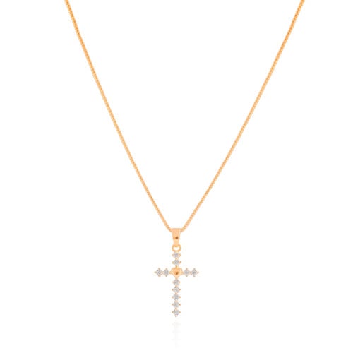 Gargantilha Veneziana Cruz Coração Cravejado Cristal Banhado a Ouro 18K - 45 cm