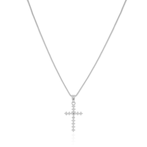 Gargantilha Veneziana Cruz Coração Cravejado Cristal Ródio Branco - 45 cm