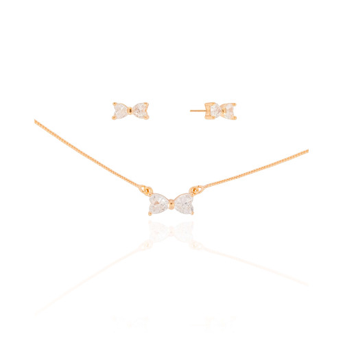 Conjunto Laço Corações Cristal Banhado a Ouro 18K