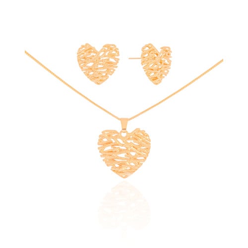 Conjunto Coração Galhos Banhado a Ouro 18K