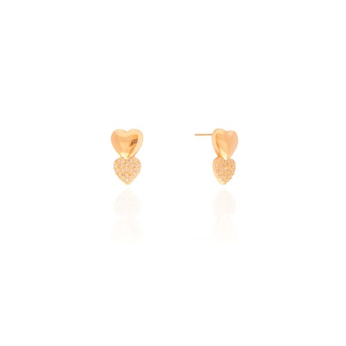 Brinco Coração Duplo Liso Cravejado Cristal 1.5 cm Banhado a Ouro 18K