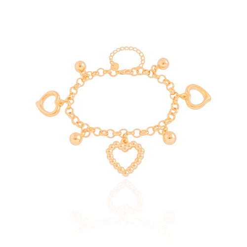 Pulseira Elos Corações e Bolas Lisas Banhado a Ouro 18K