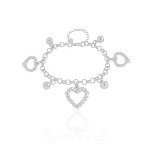 Pulseira Elos Corações e Bolas Lisas Ródio Branco