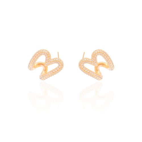 Brinco Argola Coração Vazado Cravejado Cristal 2.2 cm Banhado a Ouro 18K