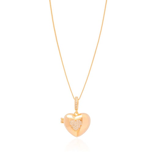 Relicário Coração Cravejado Cristal Banhado a Ouro 18K - 45 cm