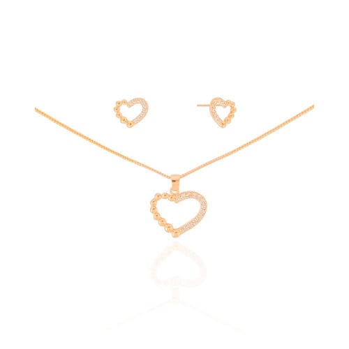 Conjunto Coração Bolinhas Cravejado Cristal Banhado a Ouro 18K