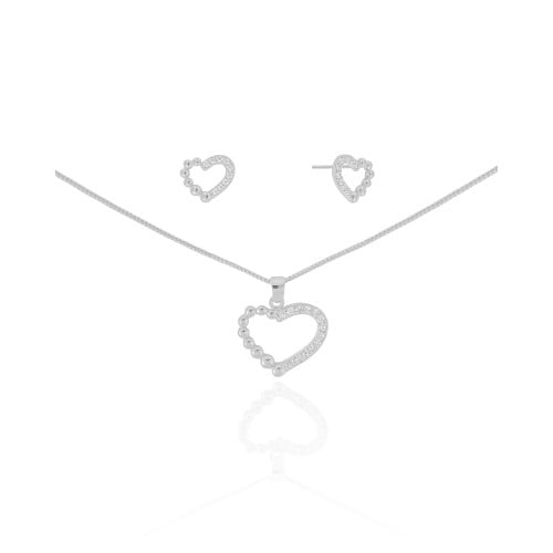 Conjunto Coração Bolinhas Cravejado Cristal Ródio Branco