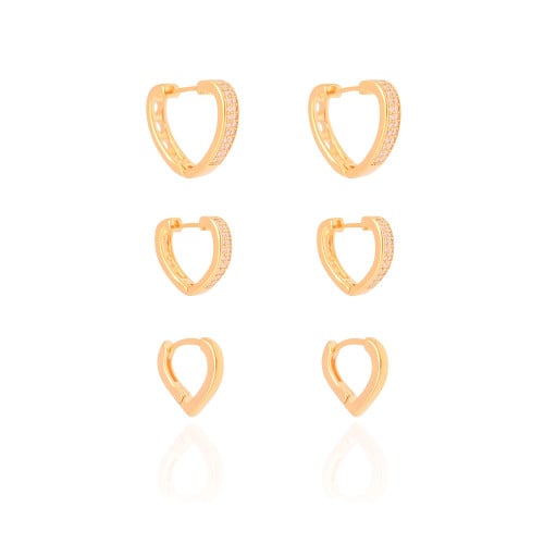 Trio de Argolas Coração Cravejado Cristal e Liso Banhando a Ouro 18K