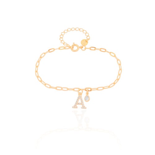 Pulseira Elos Letra A Cravejado Cristal Banhado a Ouro 18K