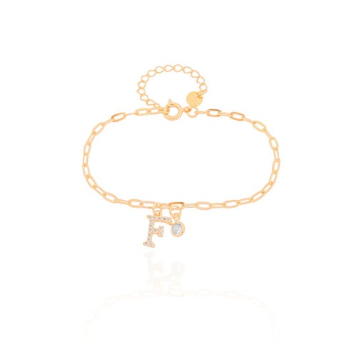 Pulseira Elos Letra F Cravejado Cristal Banhado a Ouro 18K