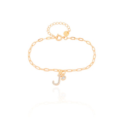 Pulseira Elos Letra J Cravejado Cristal Banhado a Ouro 18K