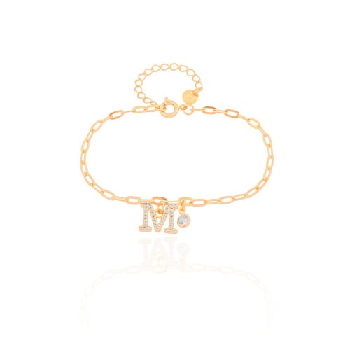 Pulseira Elos Letra M Cravejado Cristal Banhado a Ouro 18K