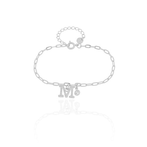 Pulseira Elos Letra M Cravejado Cristal Ródio Branco
