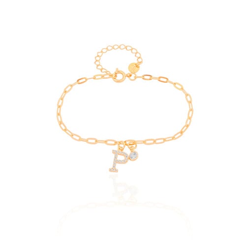 Pulseira Elos Letra P Cravejado Cristal Banhado a Ouro 18K