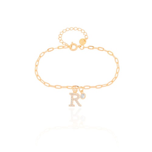 Pulseira Elos Letra R Cravejado Cristal Banhado a Ouro 18K